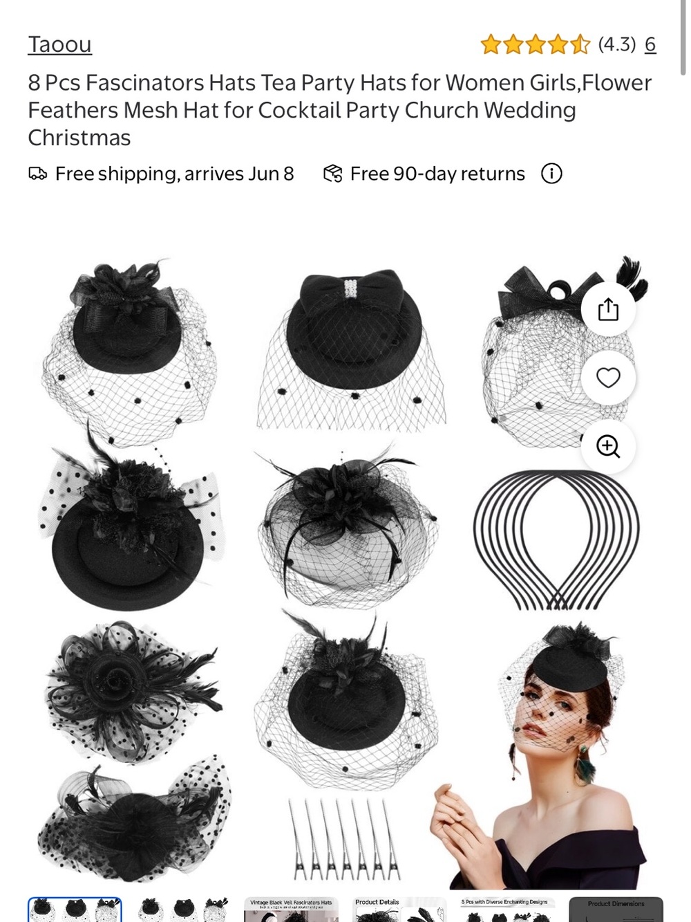 Black Fascinator Hat Set for Women - Vintage Veil Cocktail Headpieces. Costume
